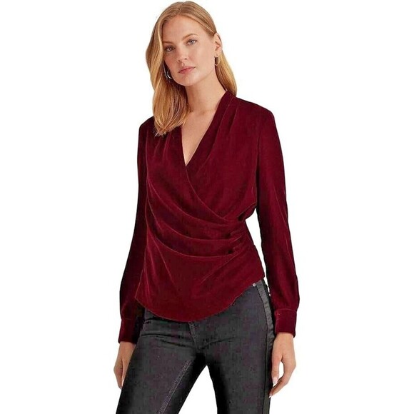 Lauren Ralph Lauren Women's Top Velvet Pleated Surplice Blouse Deep Red  8 - Picture 1 of 8